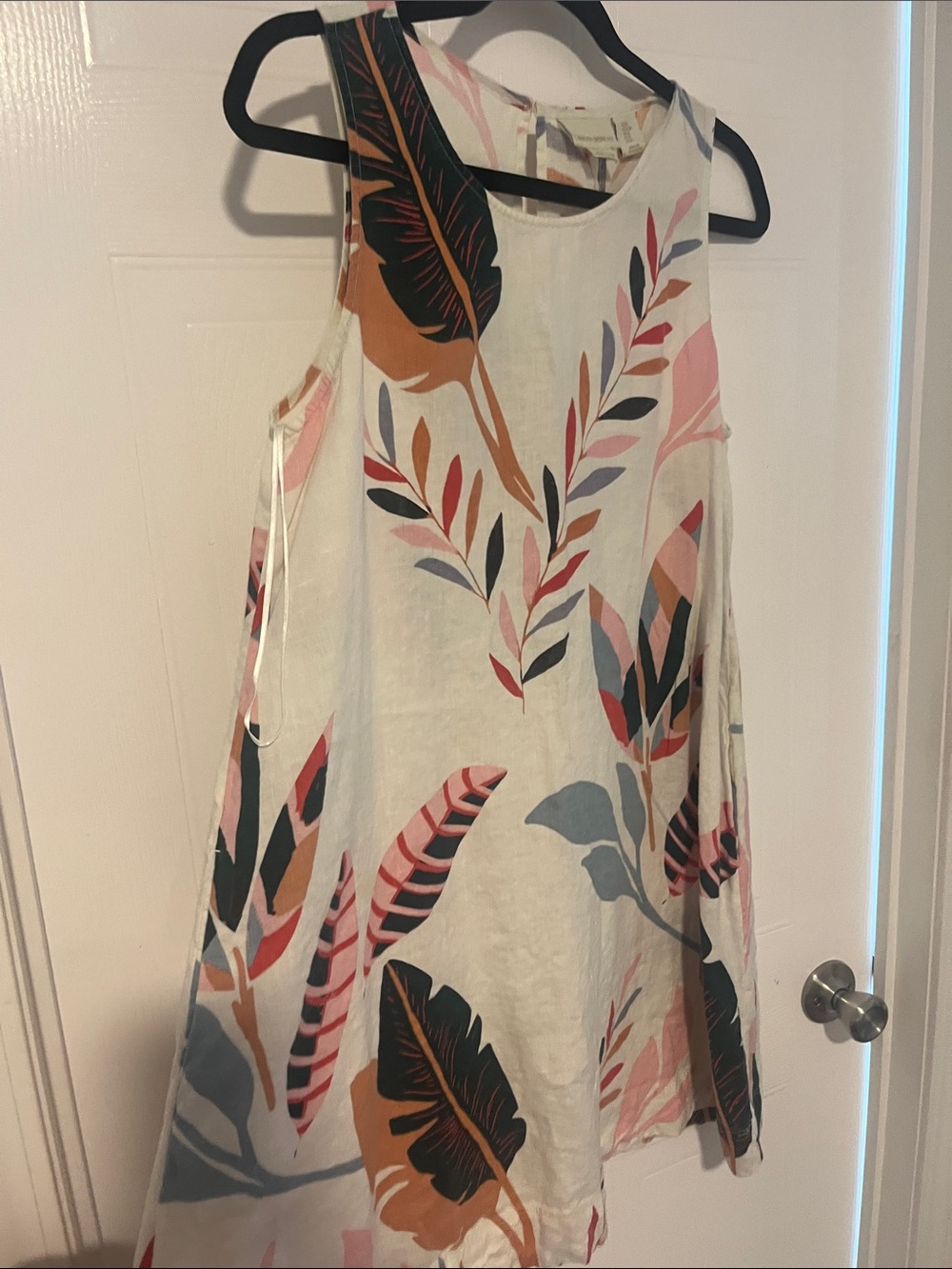 100% Linen Cynthia Rowley Off White A-Line Dress with Pink, Navy and Tan Leaf